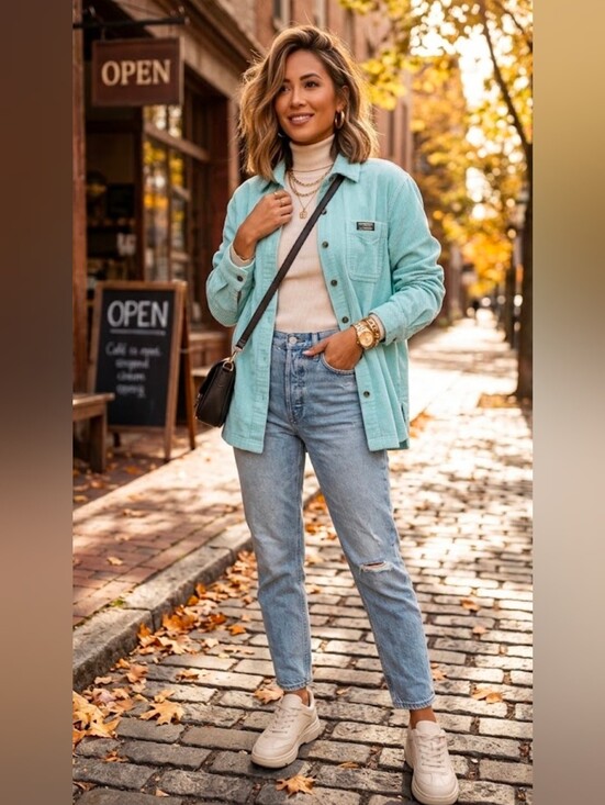 L.L. Bean Jackets & Blazers - L.L. Bean Granola Girl Corduroy Relaxed Shirt Jacket Aqua Light Blue Large